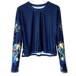 Johnny Was Bee Active Long Sleeve Shirt Floral Owl Print Thumb Holes MEDIUM Blue